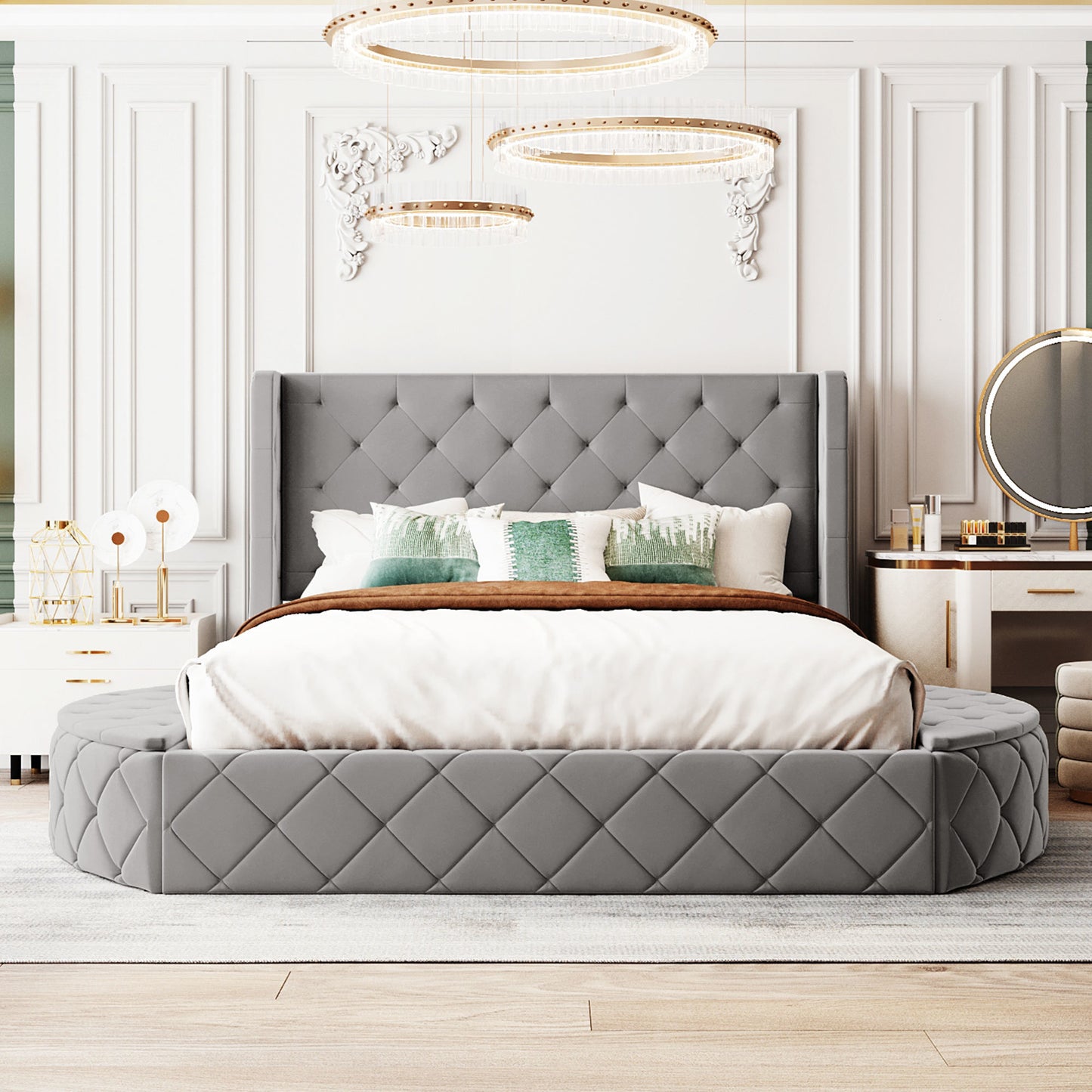 Upholstered Platform Bed Queen Size Storage Velvet Bed with Wingback Headboard and 1 Big Drawer; 2 Side Storage Stool