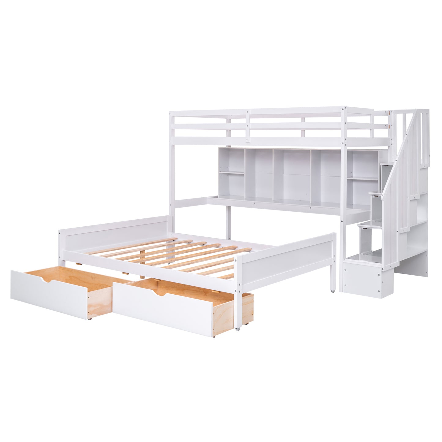 Twin XL over Full Bunk Bed with Built-in Storage Shelves;  Drawers and Staircase