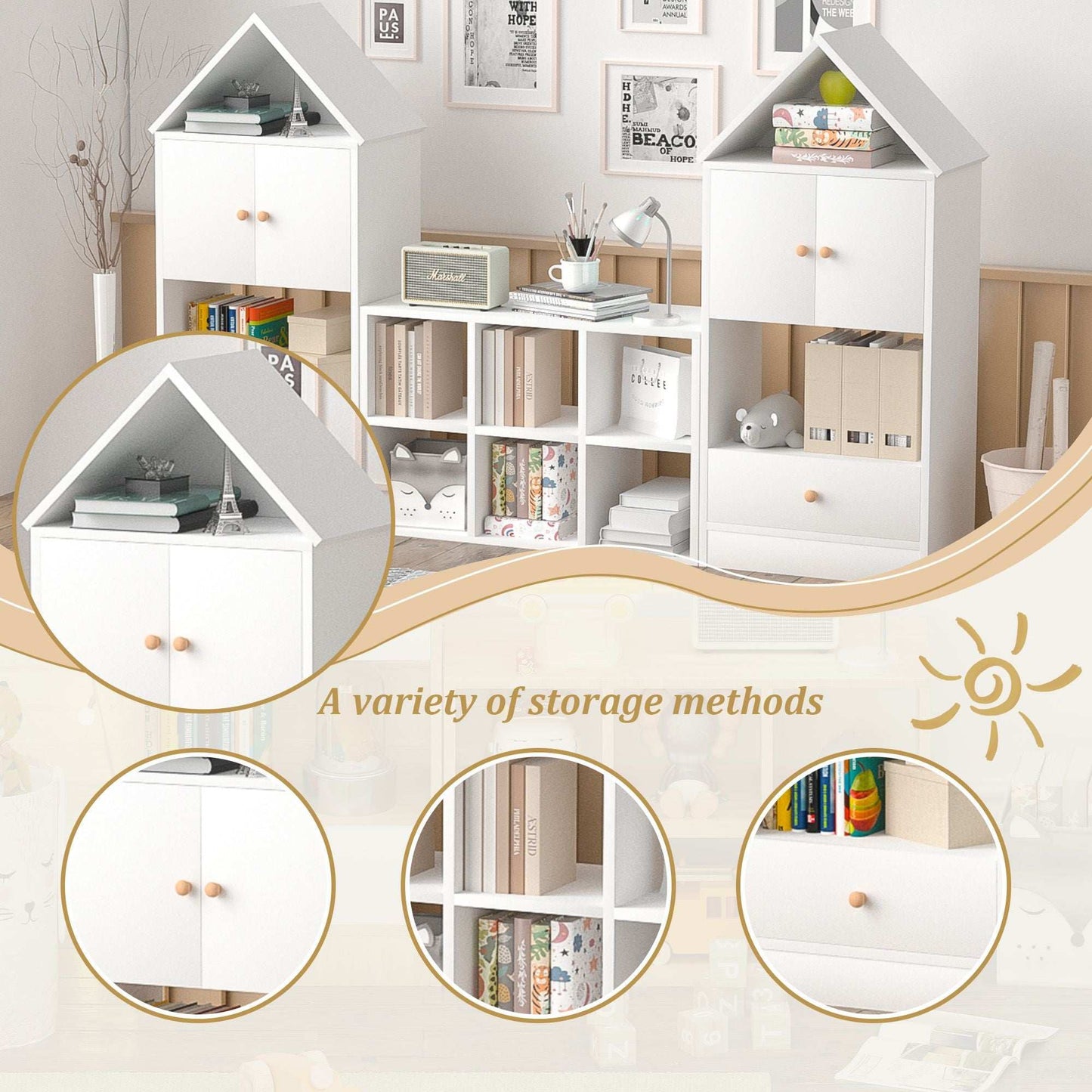 Children's House Shaped Bookcase with Multi-Functional Storage