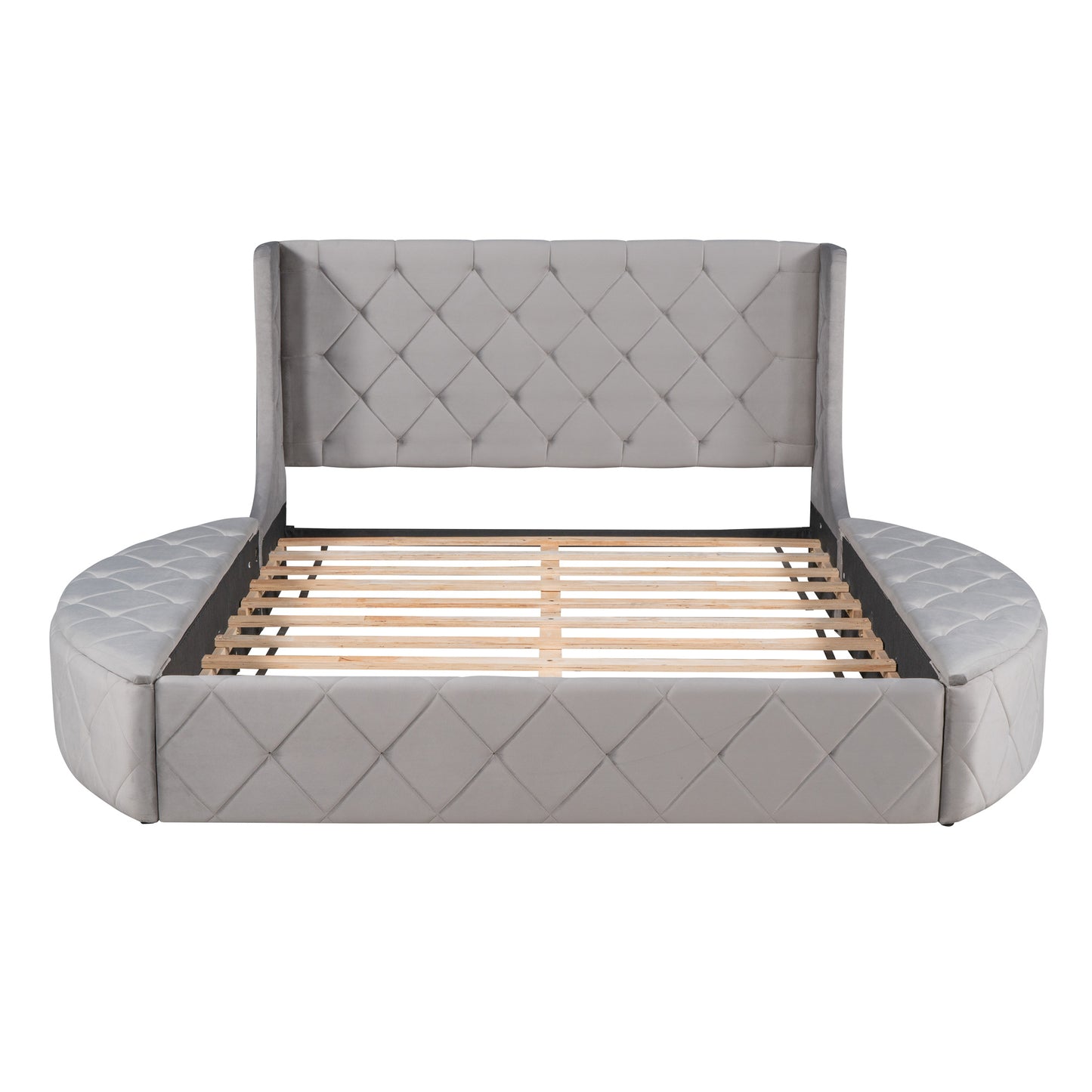 Upholstered Platform Bed Queen Size Storage Velvet Bed with Wingback Headboard and 1 Big Drawer; 2 Side Storage Stool