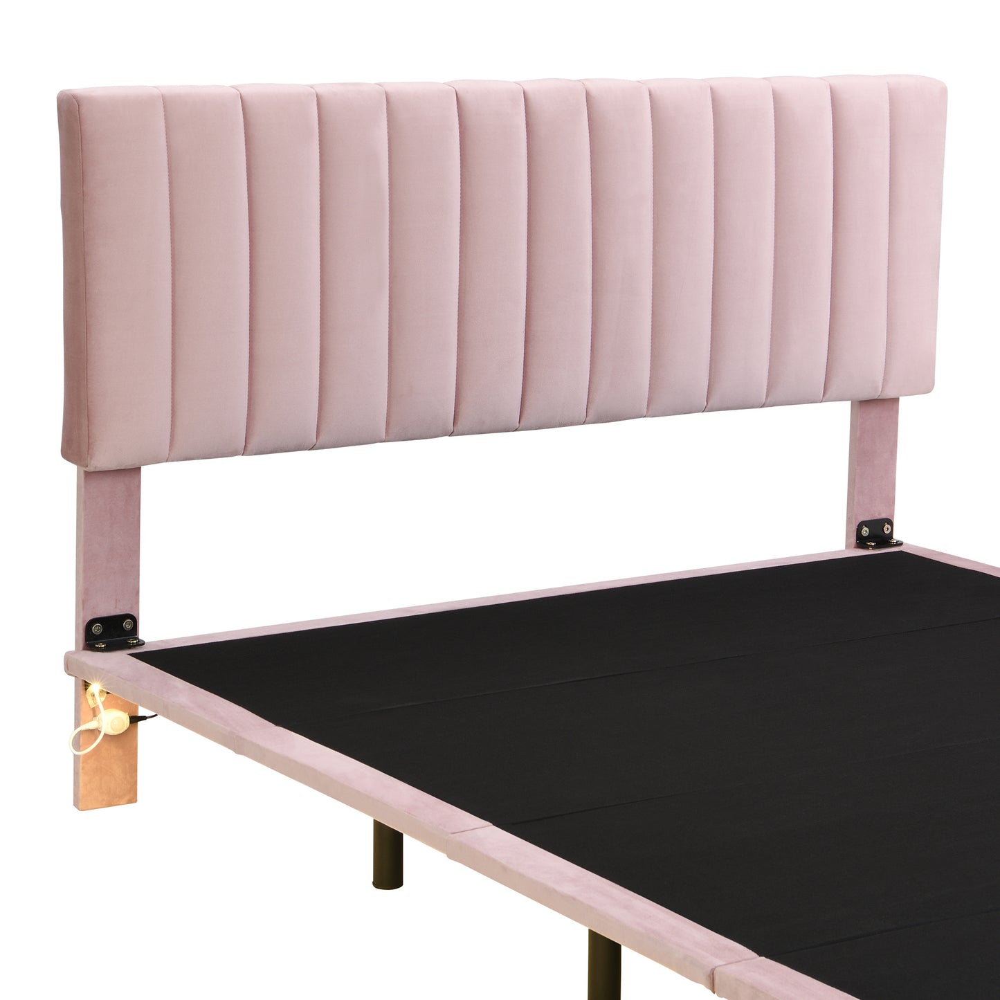 Queen Size Upholstered Bed with Sensor Light and Headboard, Floating Velvet Platform Bed, Pink