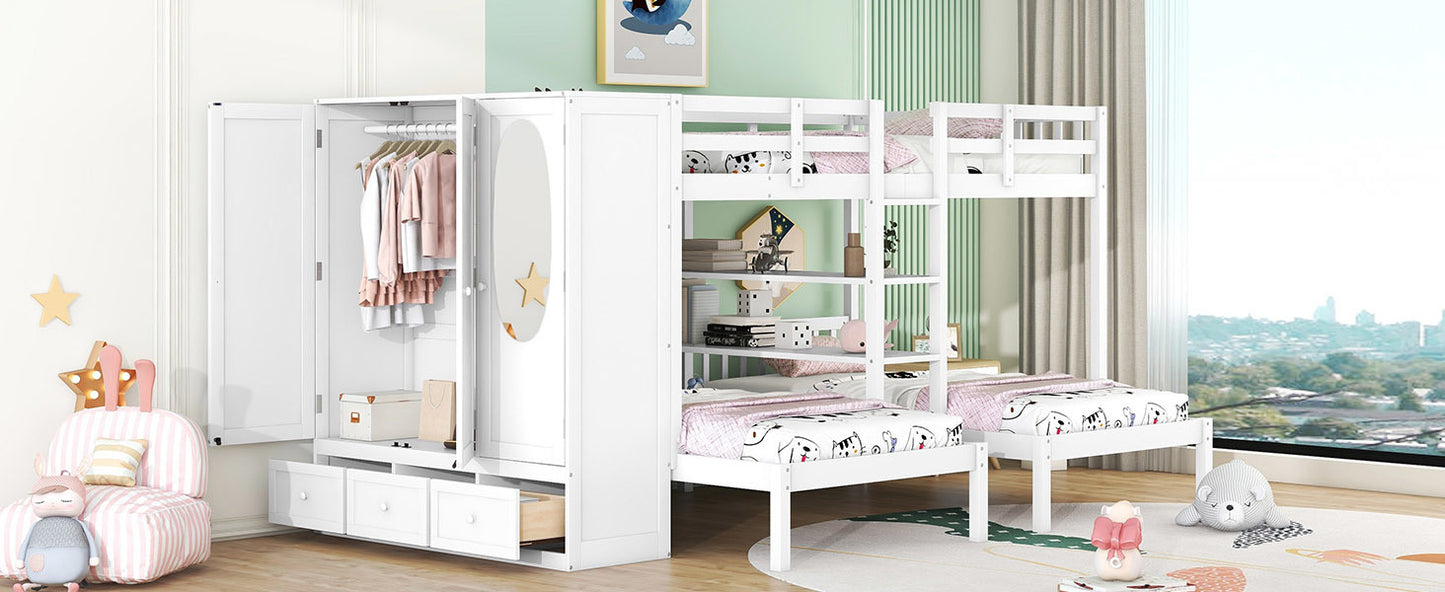 Full-Over-Twin-Twin Bunk Bed with Wardrobe and Mirror