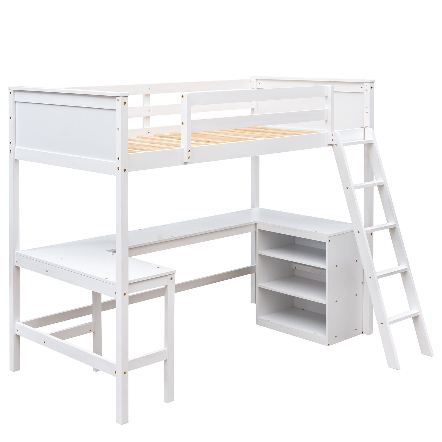 Twin size Loft Bed with Shelves and Desk;  Wooden Loft Bed with Desk