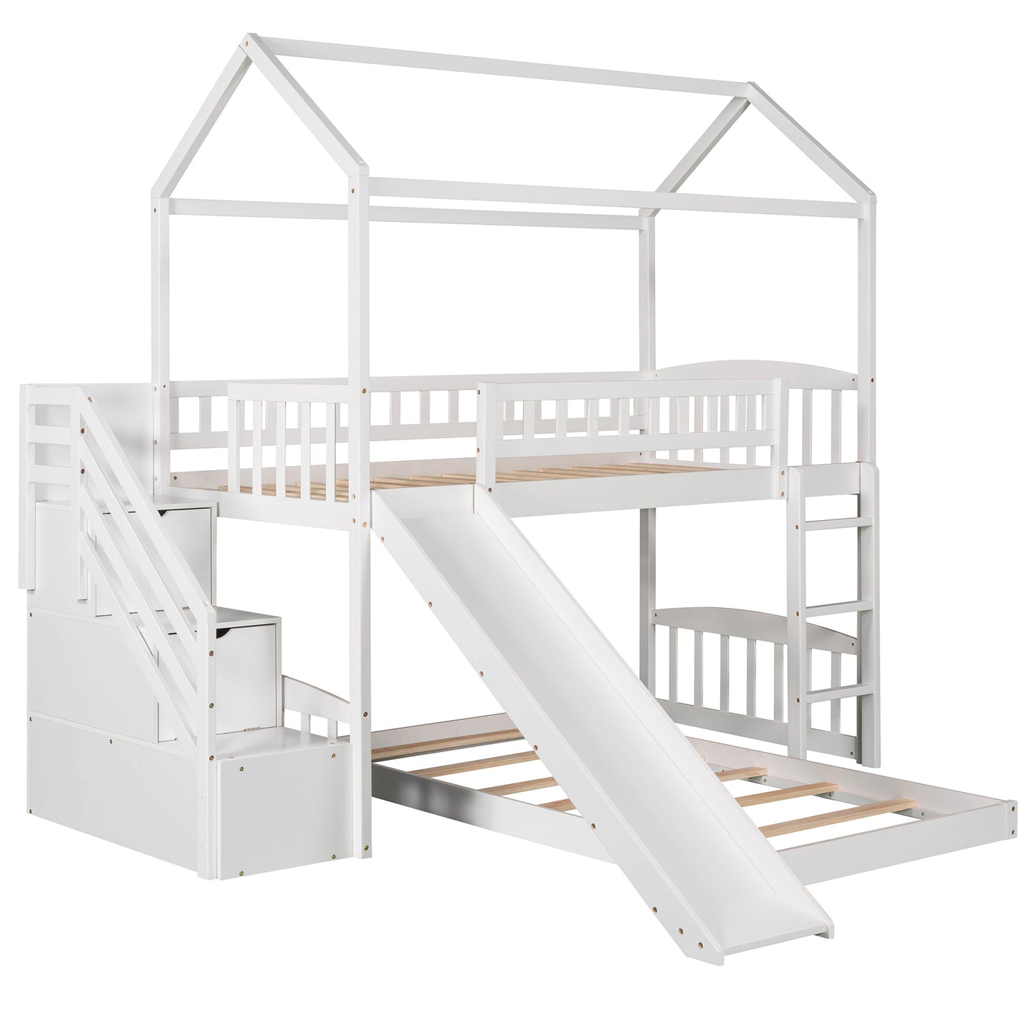 Twin Over Twin Bunk Bed with Two Drawers and Slide, House Bed with Slide