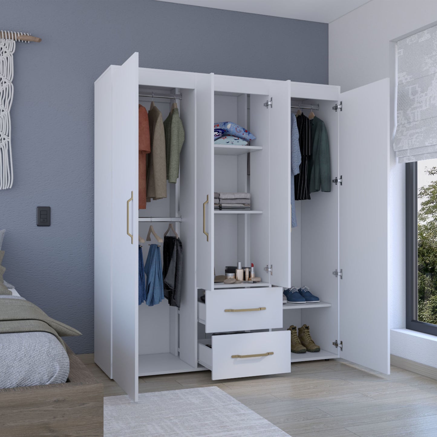 Bariloche Wardrobe with Hanging Rods, Shelves, and 2 Drawers in White