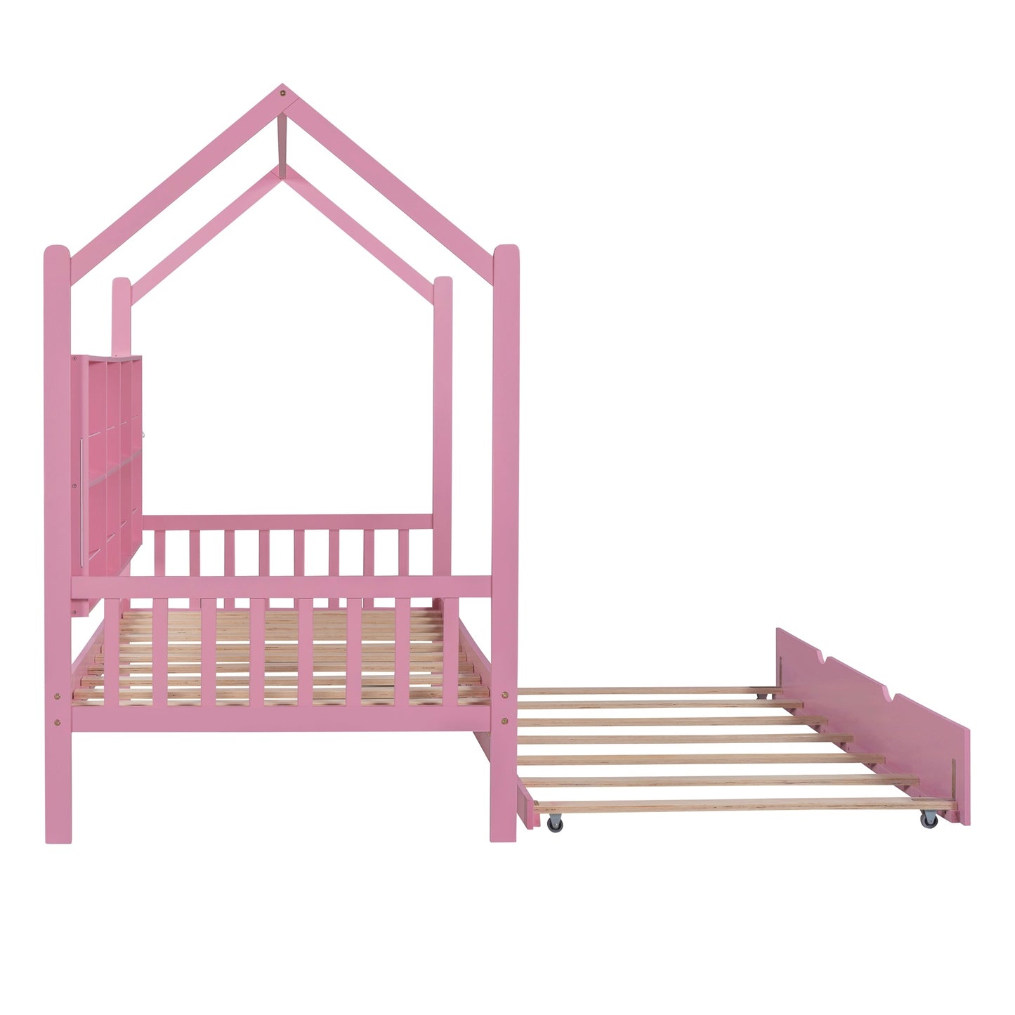 Wooden Twin Size House Bed with Trundle,Kids Bed with Shelf