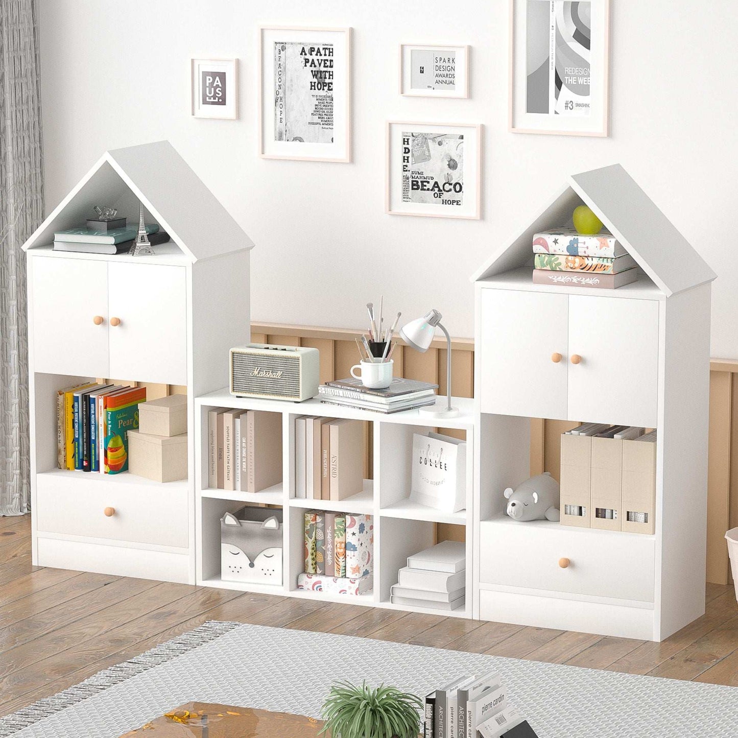 Children's House Shaped Bookcase with Multi-Functional Storage