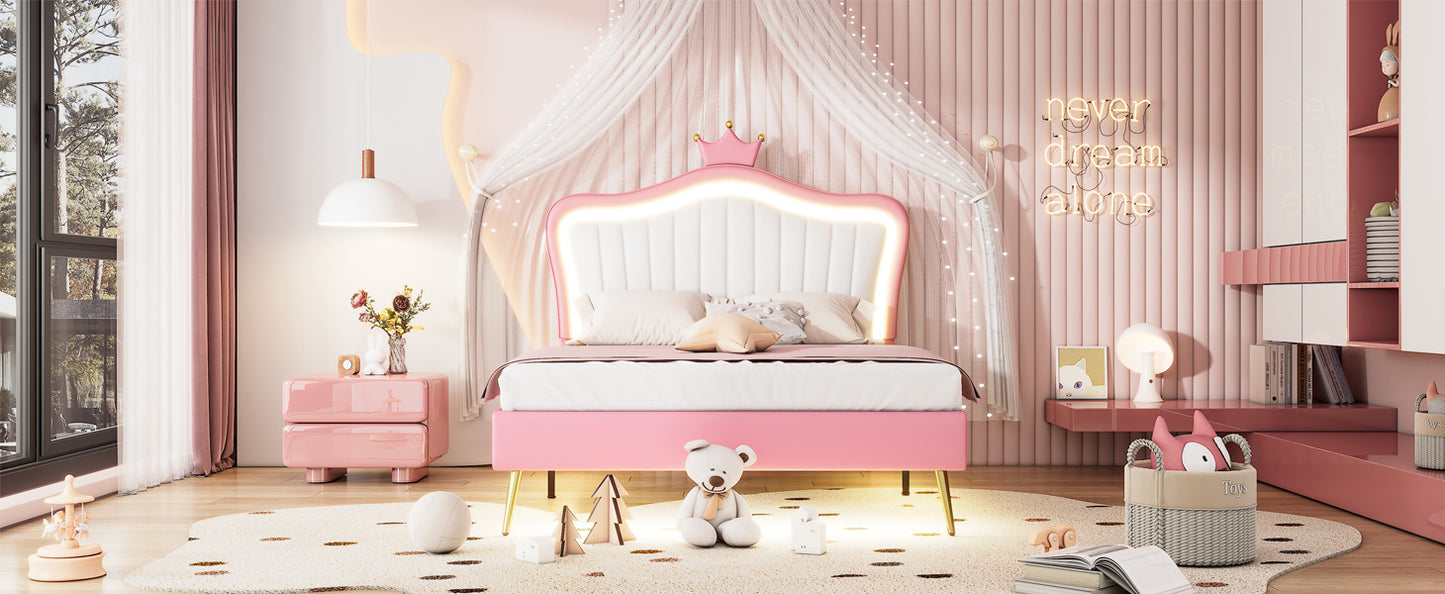 Full Size Upholstered Bed Frame with LED Lights,Modern Upholstered Princess Bed With Crown Headboard,White+Pink