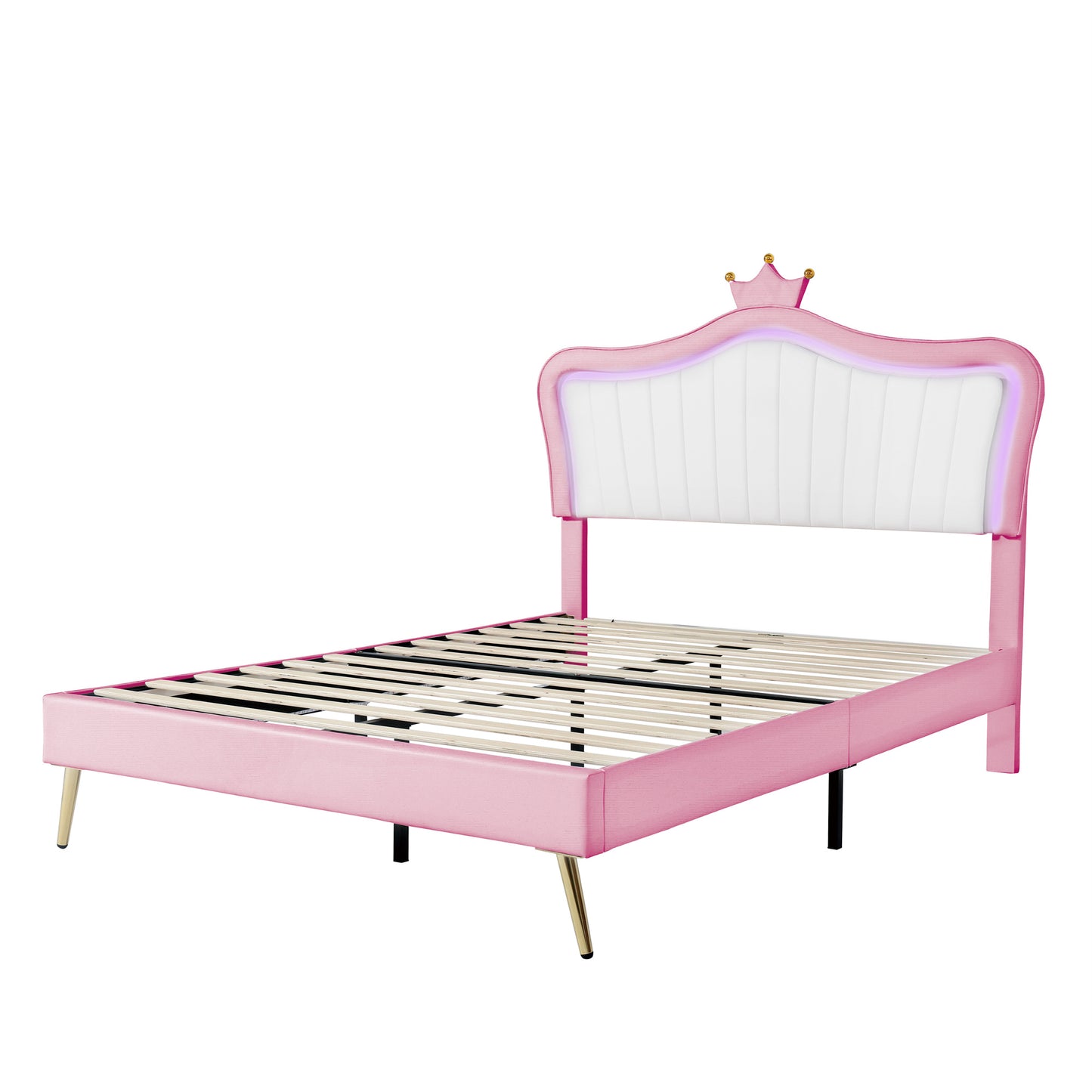 Queen Size Upholstered Bed Frame with LED Lights,Modern Upholstered Princess Bed With Crown Headboard,White+Pink