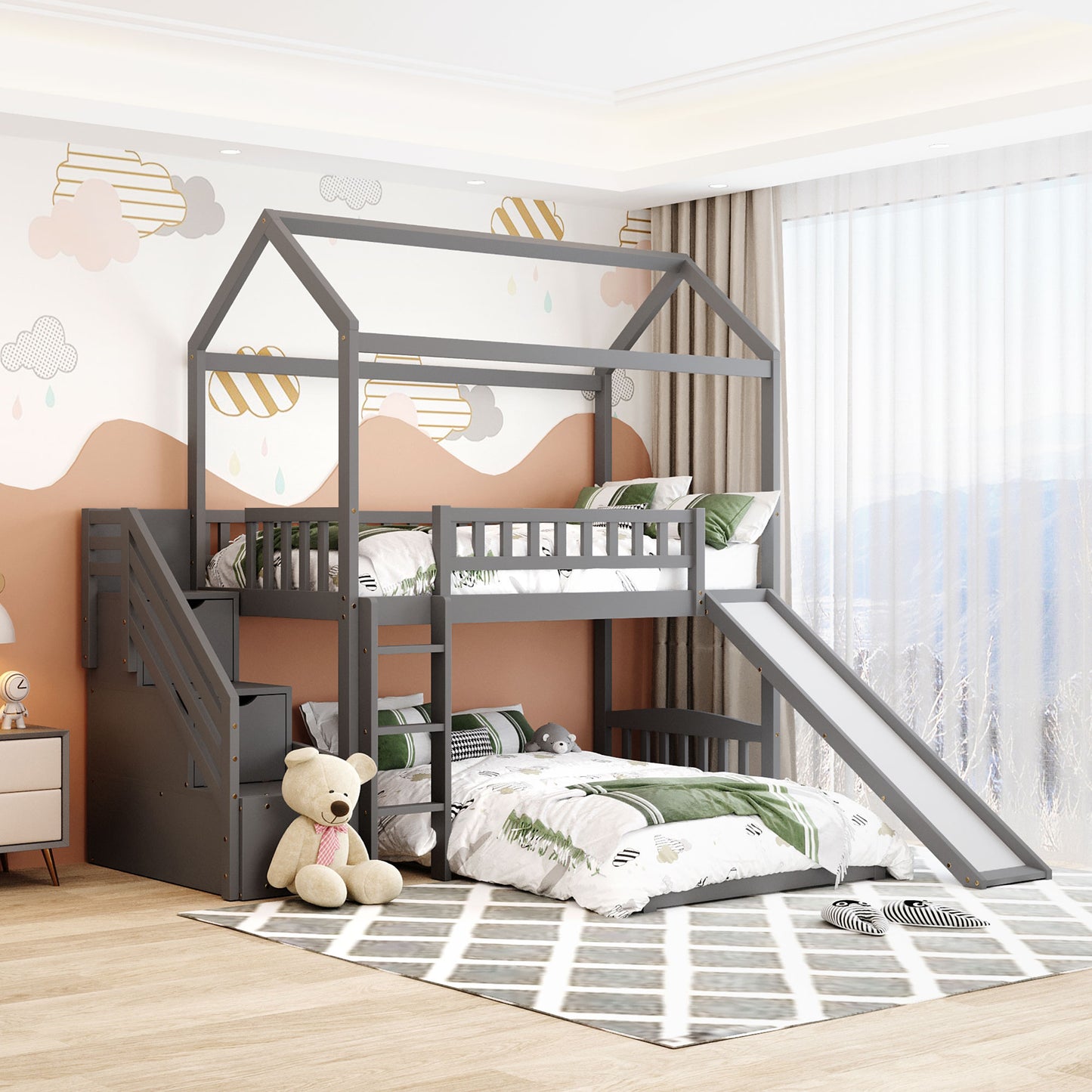 Twin Over Twin Bunk Bed with Two Drawers and Slide, House Bed with Slide