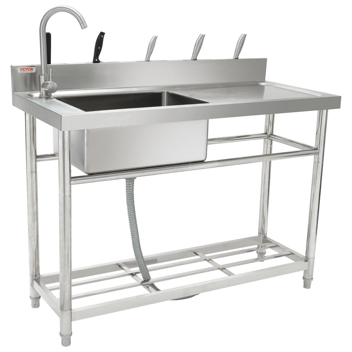 VEVOR Stainless Steel Free Standing Utility Small w/Workbench Faucet & Legs, 39.4 x 19.1 x 37.4 in