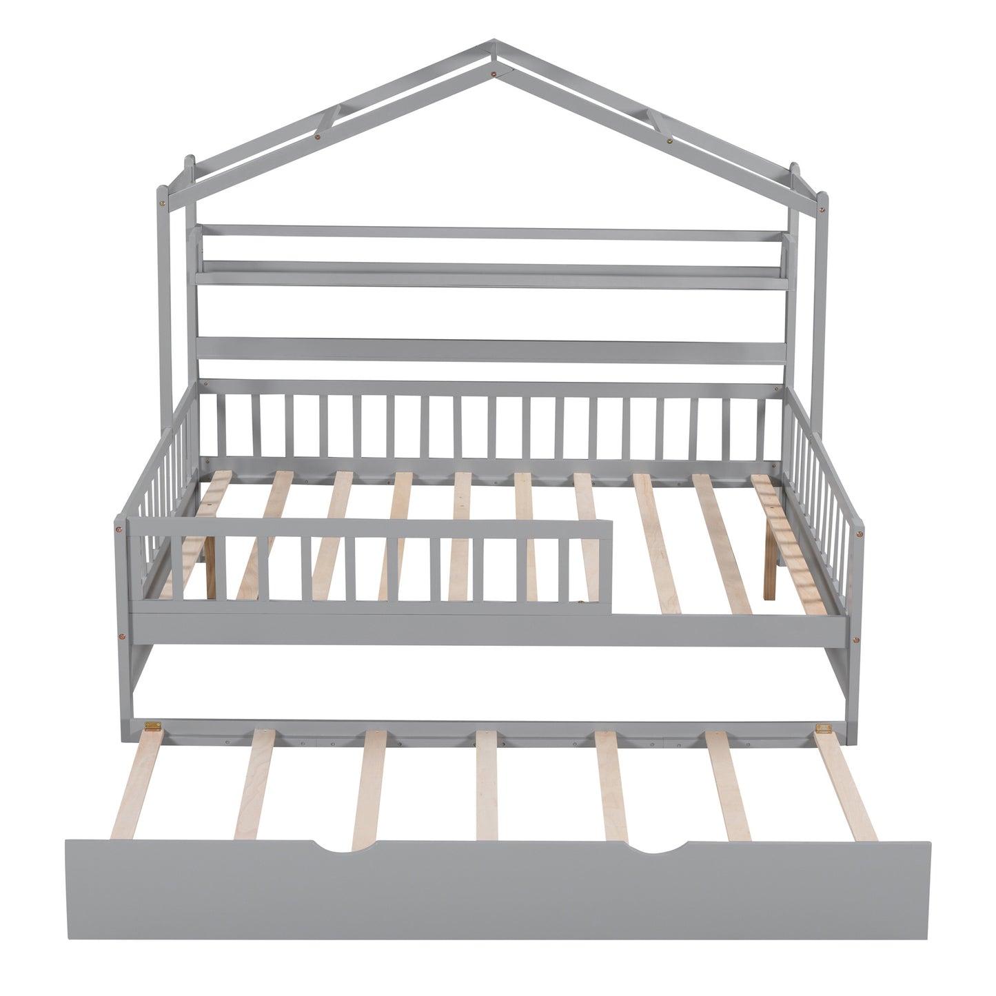 Wooden Full Size House Bed with Twin Size Trundle,Kids Bed with Shelf