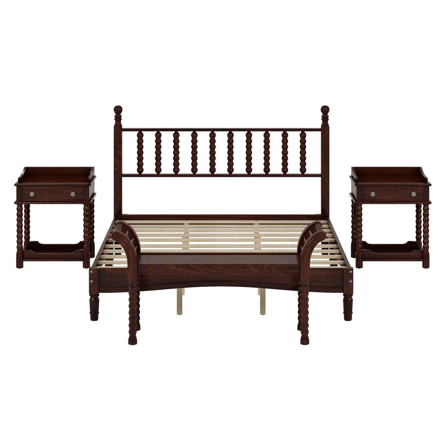 4 Pc. Queen Platform Bedroom Suite with Gourd Shaped Headboard, Storage Nightstand and Bench with Turned Legs in Walnut