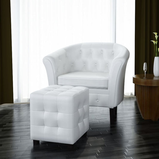 Club Chair with Footstool in White Vegan Leather