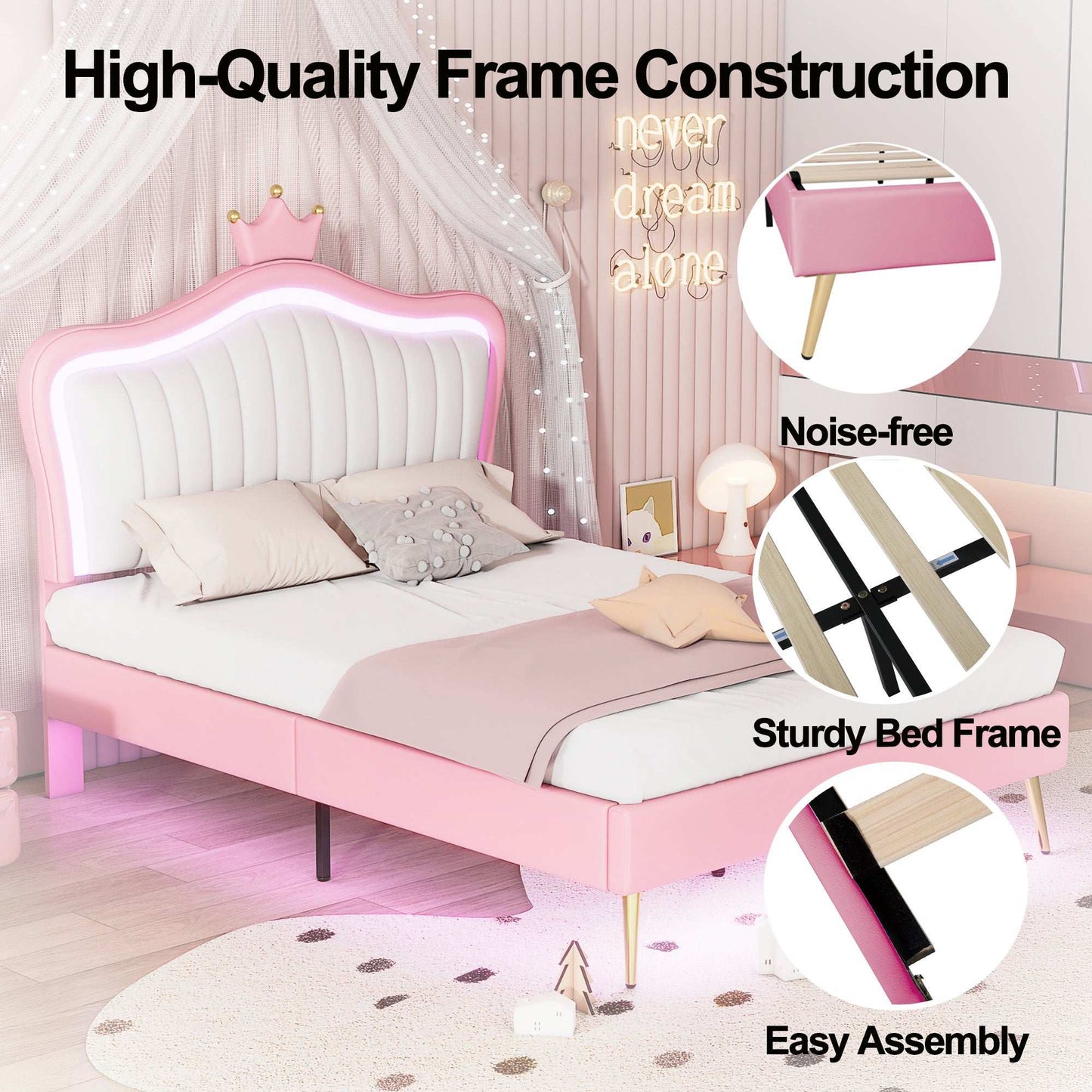 Full Size Upholstered Bed Frame with LED Lights,Modern Upholstered Princess Bed With Crown Headboard,White+Pink