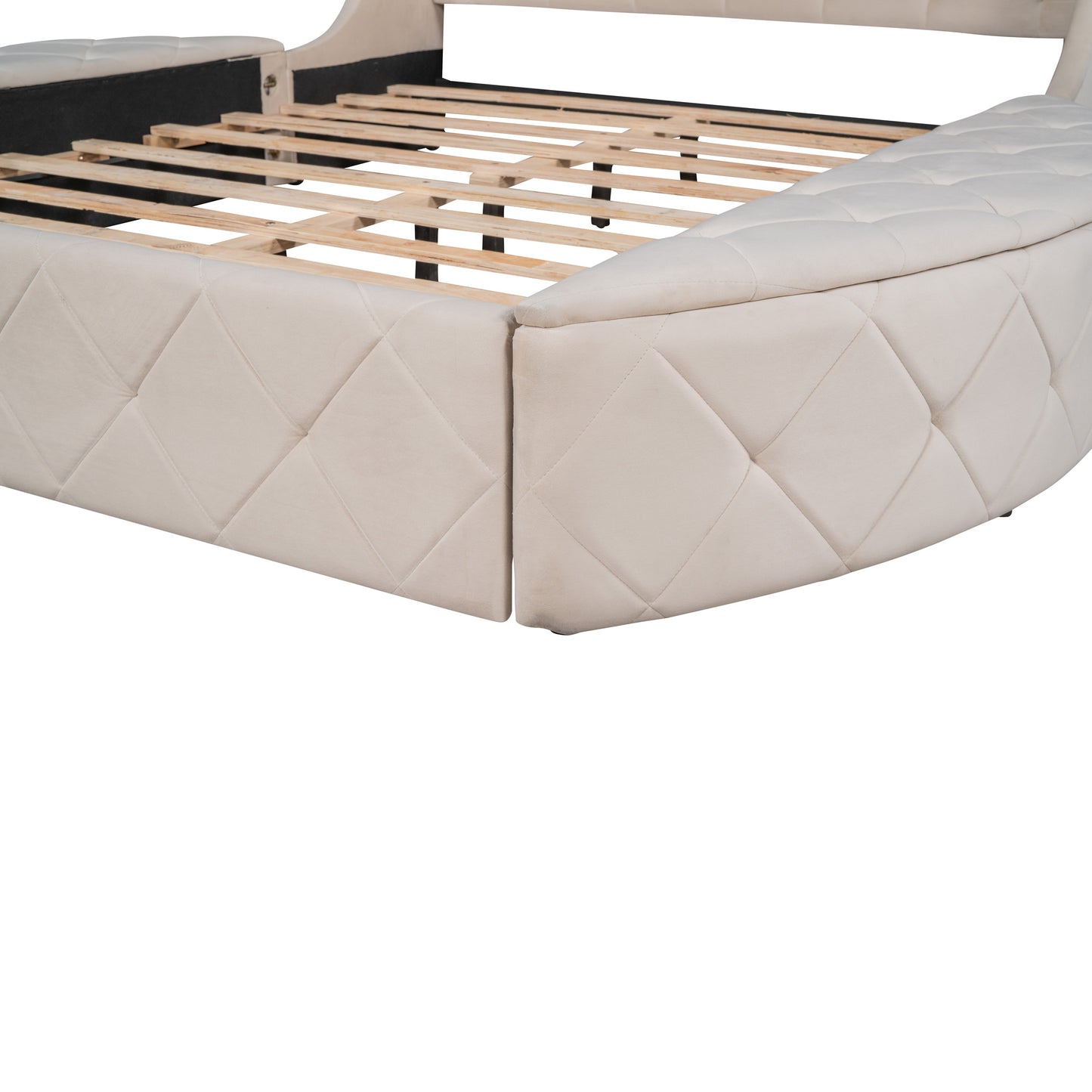 Upholstered Platform Bed Queen Size Storage Velvet Bed with Wingback Headboard and 1 Big Drawer; 2 Side Storage Stool