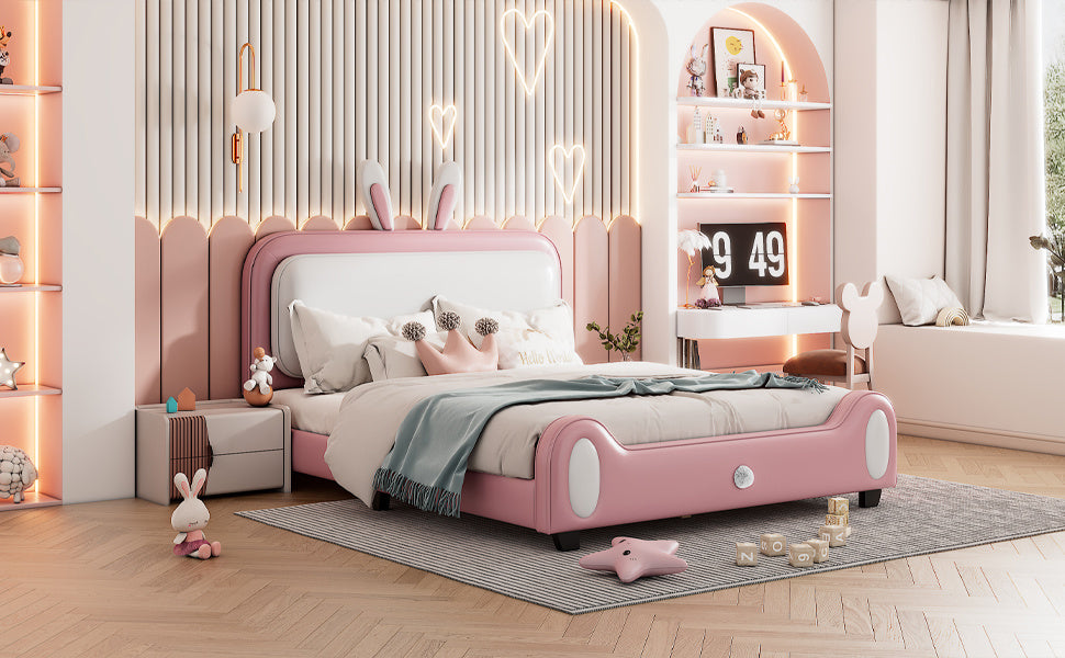 Full size Upholstered Rabbit-Shape Princess Bed ,Full Size Platform Bed with Headboard and Footboard,White+Pink