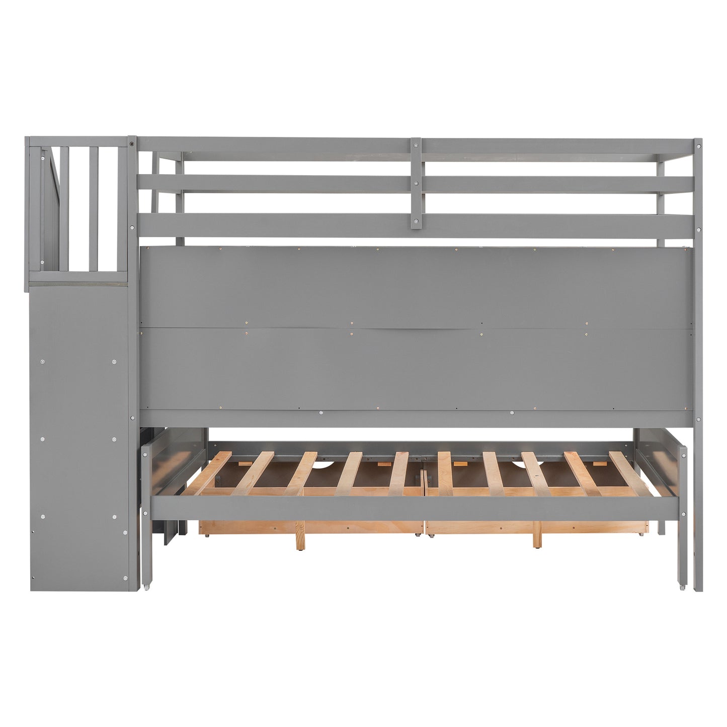 Twin XL over Full Bunk Bed with Built-in Storage Shelves;  Drawers and Staircase