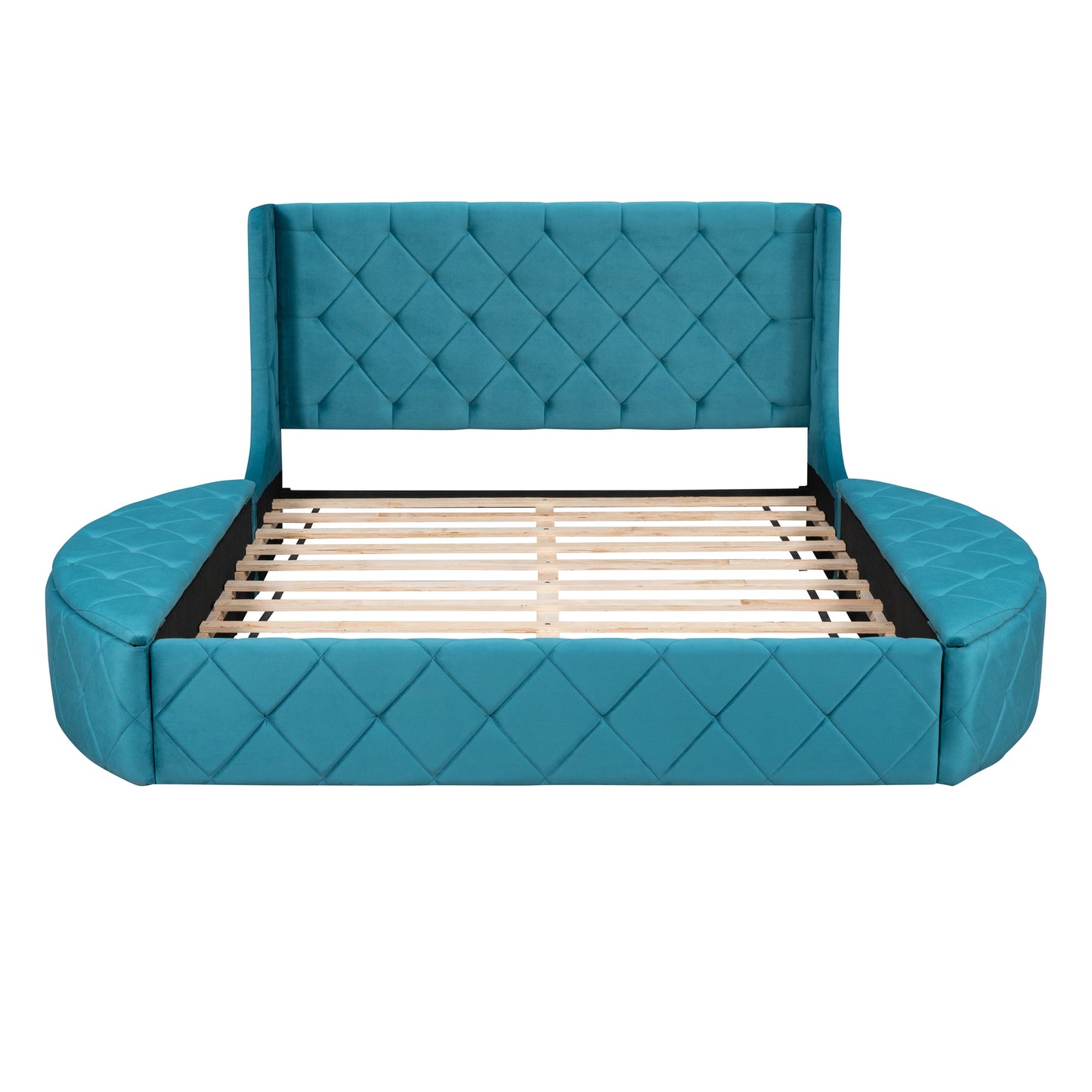 Upholstered Platform Bed Queen Size Storage Velvet Bed with Wingback Headboard and 1 Big Drawer; 2 Side Storage Stool