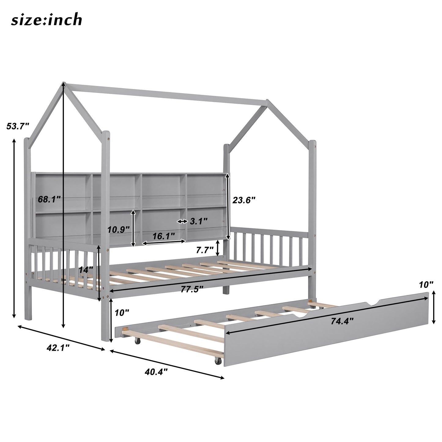 Wooden Twin Size House Bed with Trundle,Kids Bed with Shelf