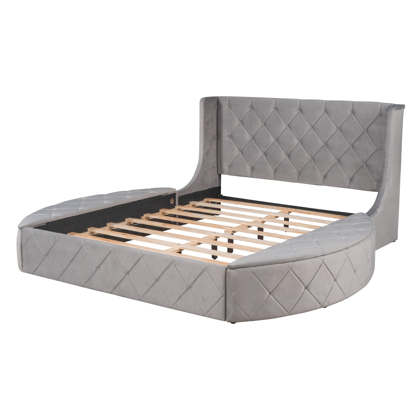 Upholstered Platform Bed Queen Size Storage Velvet Bed with Wingback Headboard and 1 Big Drawer; 2 Side Storage Stool