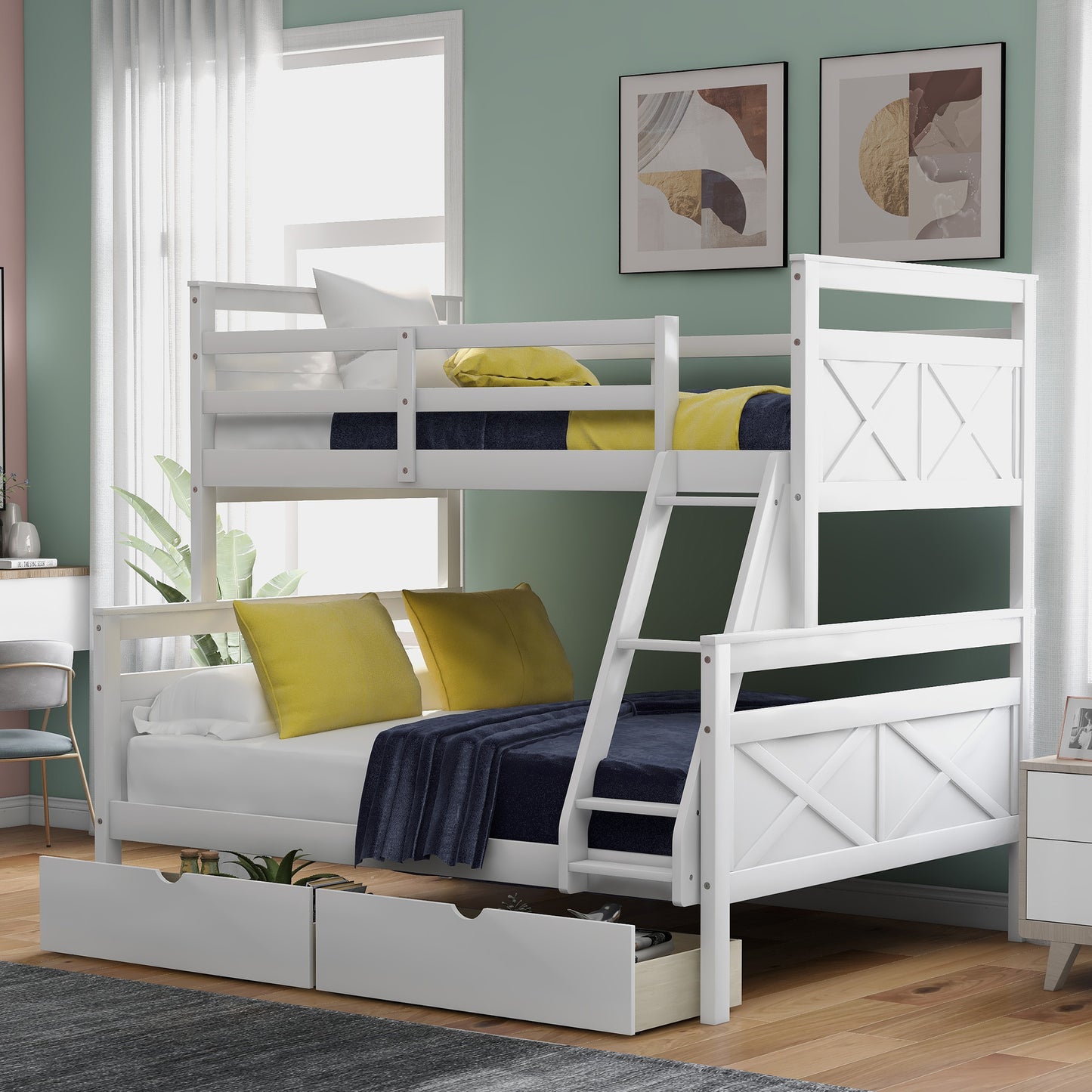 Twin over Full Bunk Bed with Ladder, Two Storage Drawers, Safety Guardrail, White