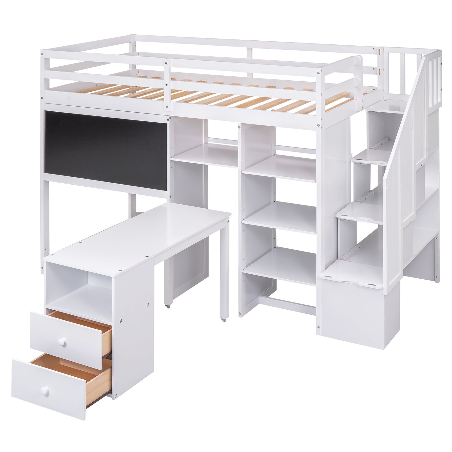 Twin Size Loft Bed with Pullable Desk and Storage Shelves; Staircase and Blackboard