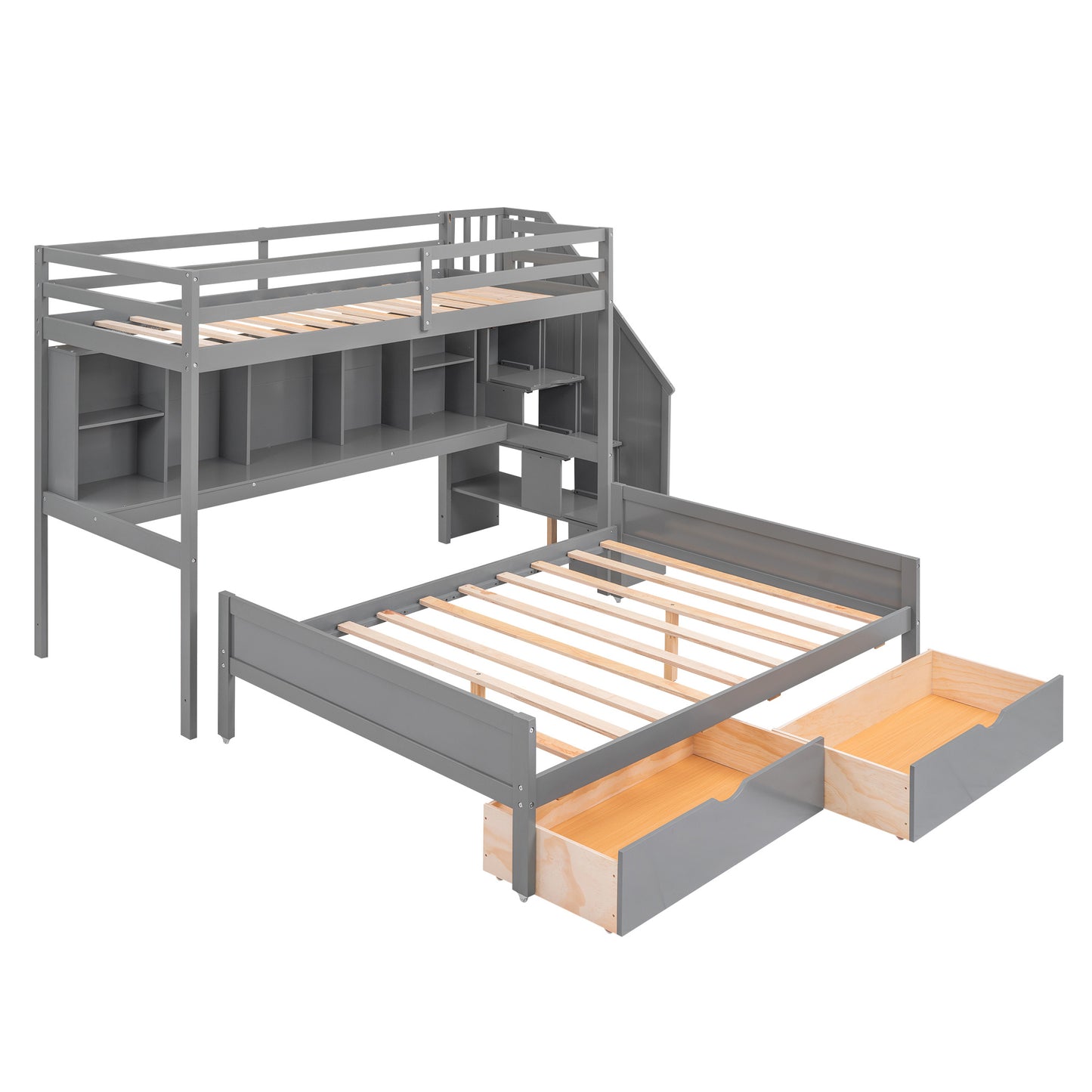 Twin XL over Full Bunk Bed with Built-in Storage Shelves;  Drawers and Staircase