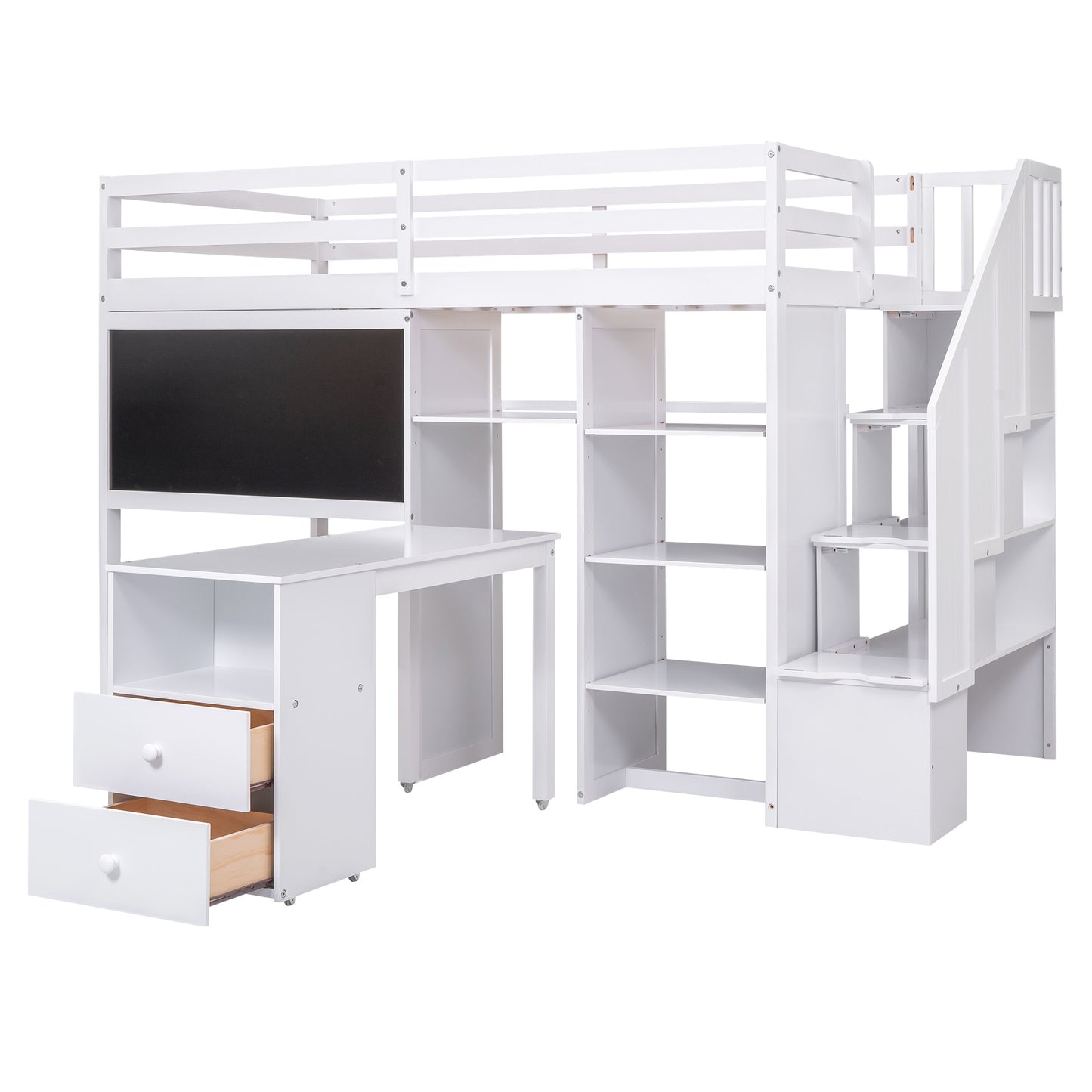 Twin Size Loft Bed with Pullable Desk and Storage Shelves; Staircase and Blackboard