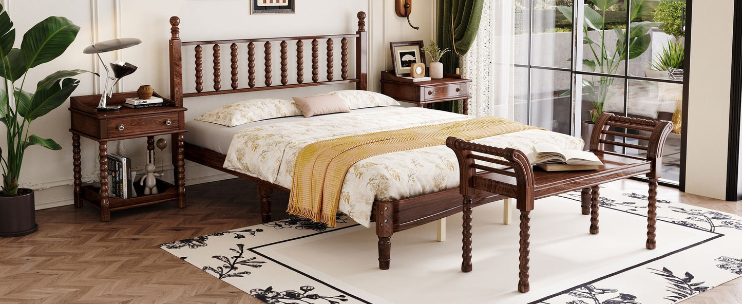 4 Pc. Queen Platform Bedroom Suite with Gourd Shaped Headboard, Storage Nightstand and Bench with Turned Legs in Walnut