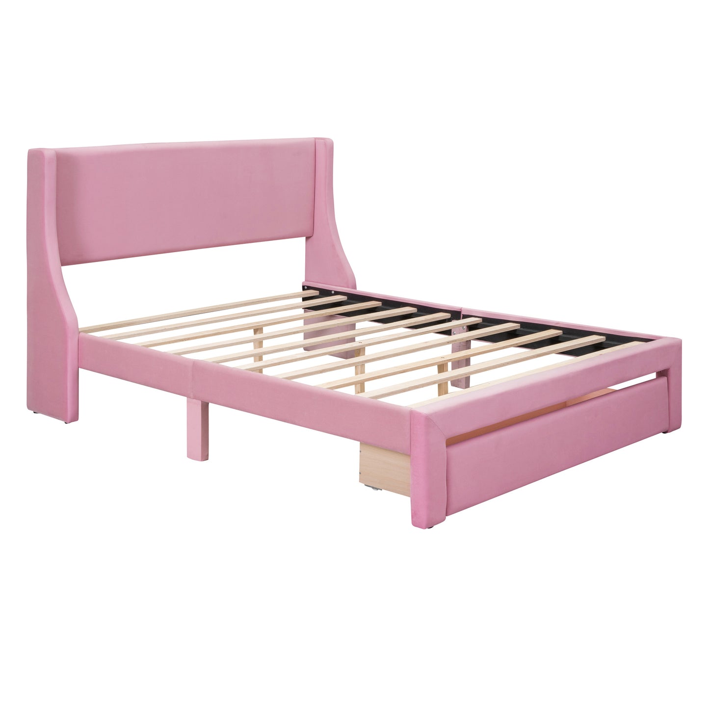 Queen Size Storage Bed Velvet Upholstered Platform Bed with a Big Drawer - Pink