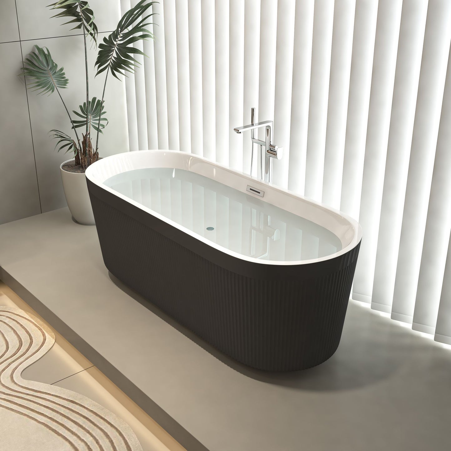 59" Pleated Acrylic Freestanding Bathtub in Gloss Black with Brushed Nickel Overflow & Pop-Up Drain