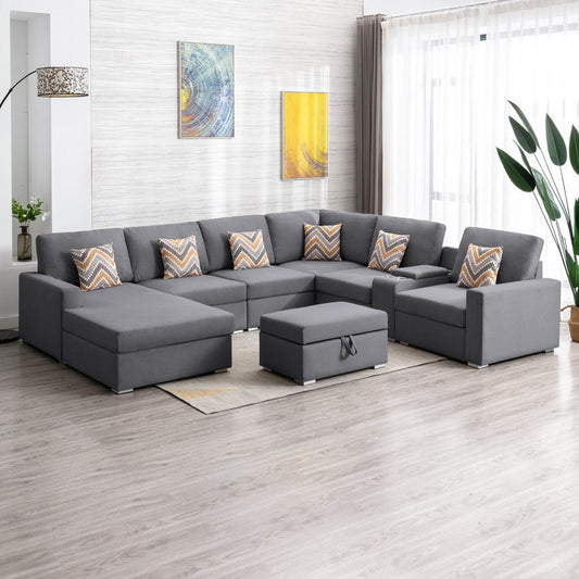 Nolan 124"in 8 Pc Reversible Chaise Sectional Sofa with Ottoman