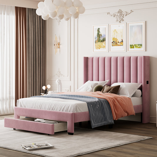 Full Size Storage Bed Velvet Upholstered Platform Bed with a Big Drawer - Pink