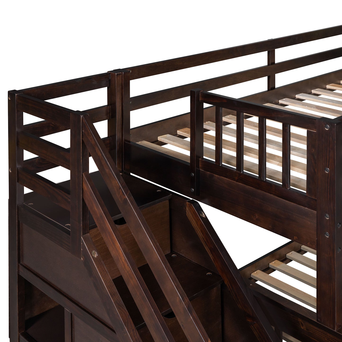 Twin over Full L-Shaped Bunk Bed With 3 Drawers, Ladder and Staircase