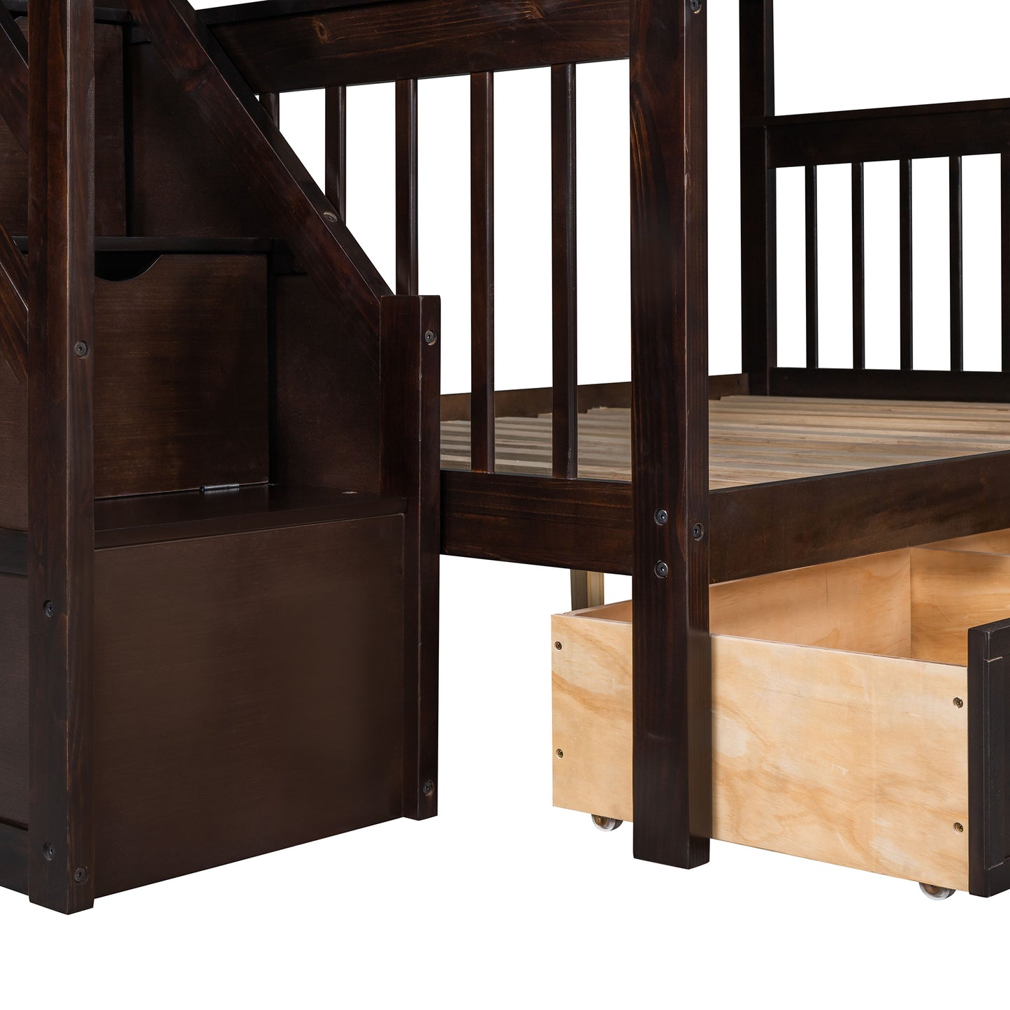 Twin over Full L-Shaped Bunk Bed With 3 Drawers, Ladder and Staircase