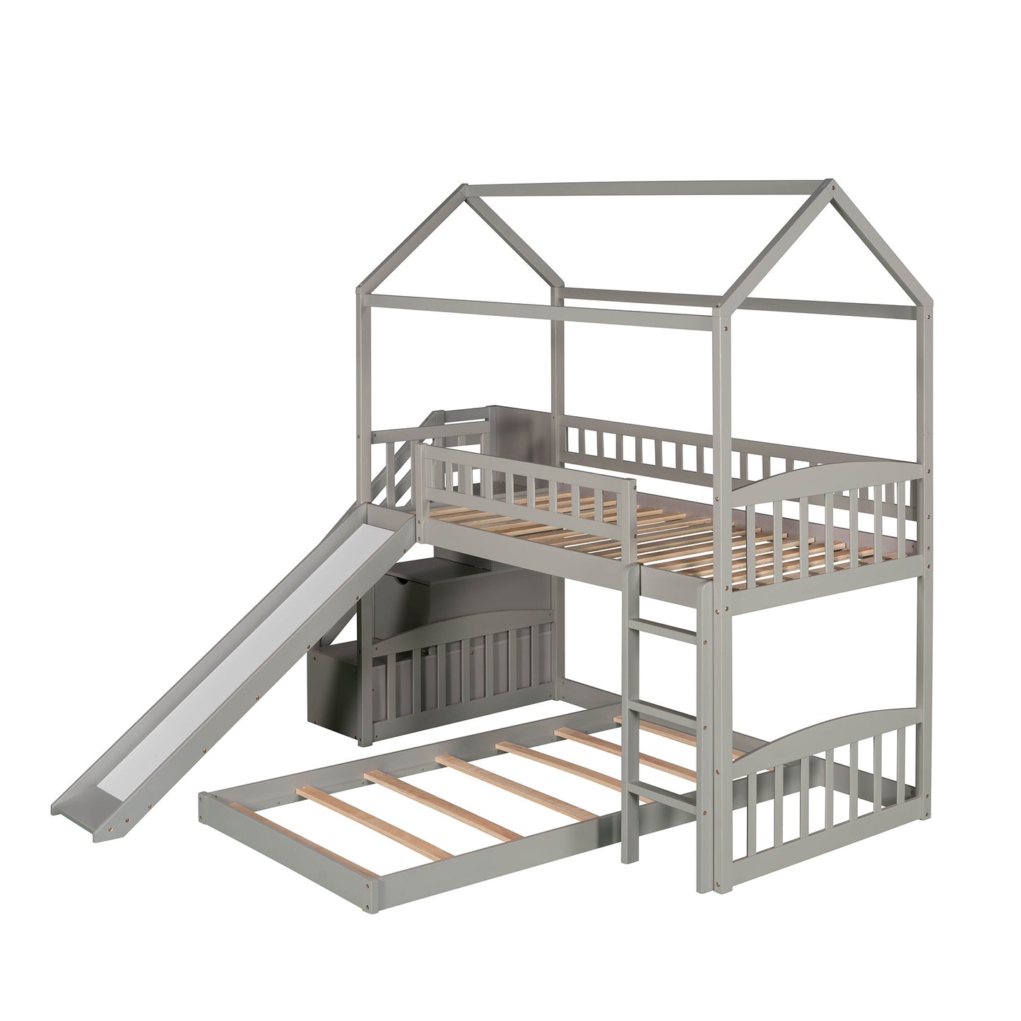 Twin Over Twin Bunk Bed with Two Drawers and Slide, House Bed with Slide