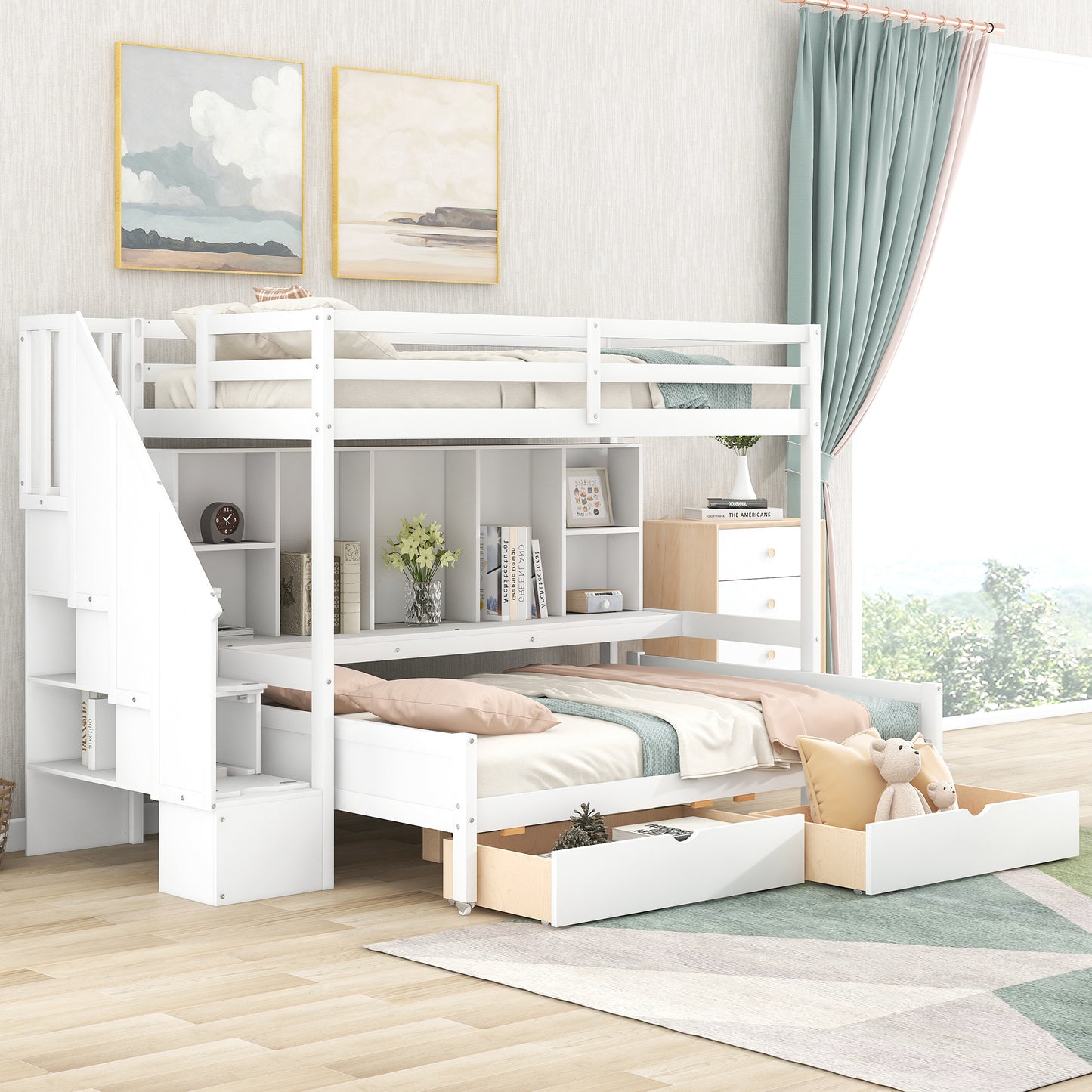 Twin XL over Full Bunk Bed with Built-in Storage Shelves;  Drawers and Staircase