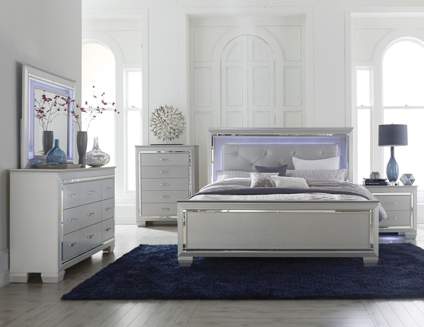 Allura Faux Alligator Embossed Queen Bed with LED Headboard