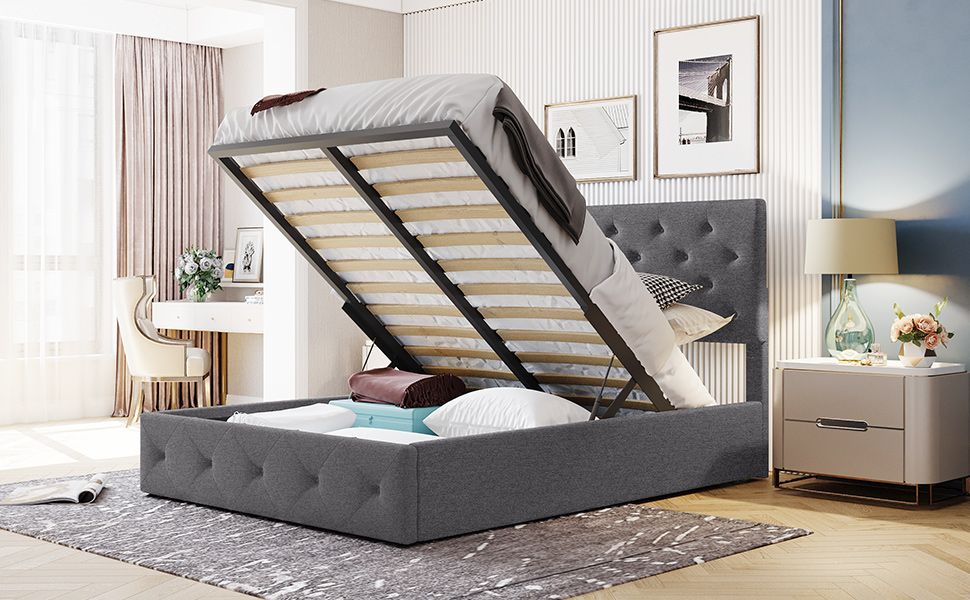 Full size Upholstered Platform Bed with Hydraulic Storage System