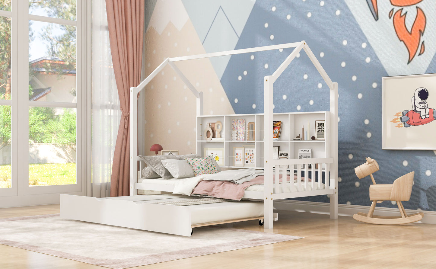 Wooden Twin Size House Bed with Trundle,Kids Bed with Shelf