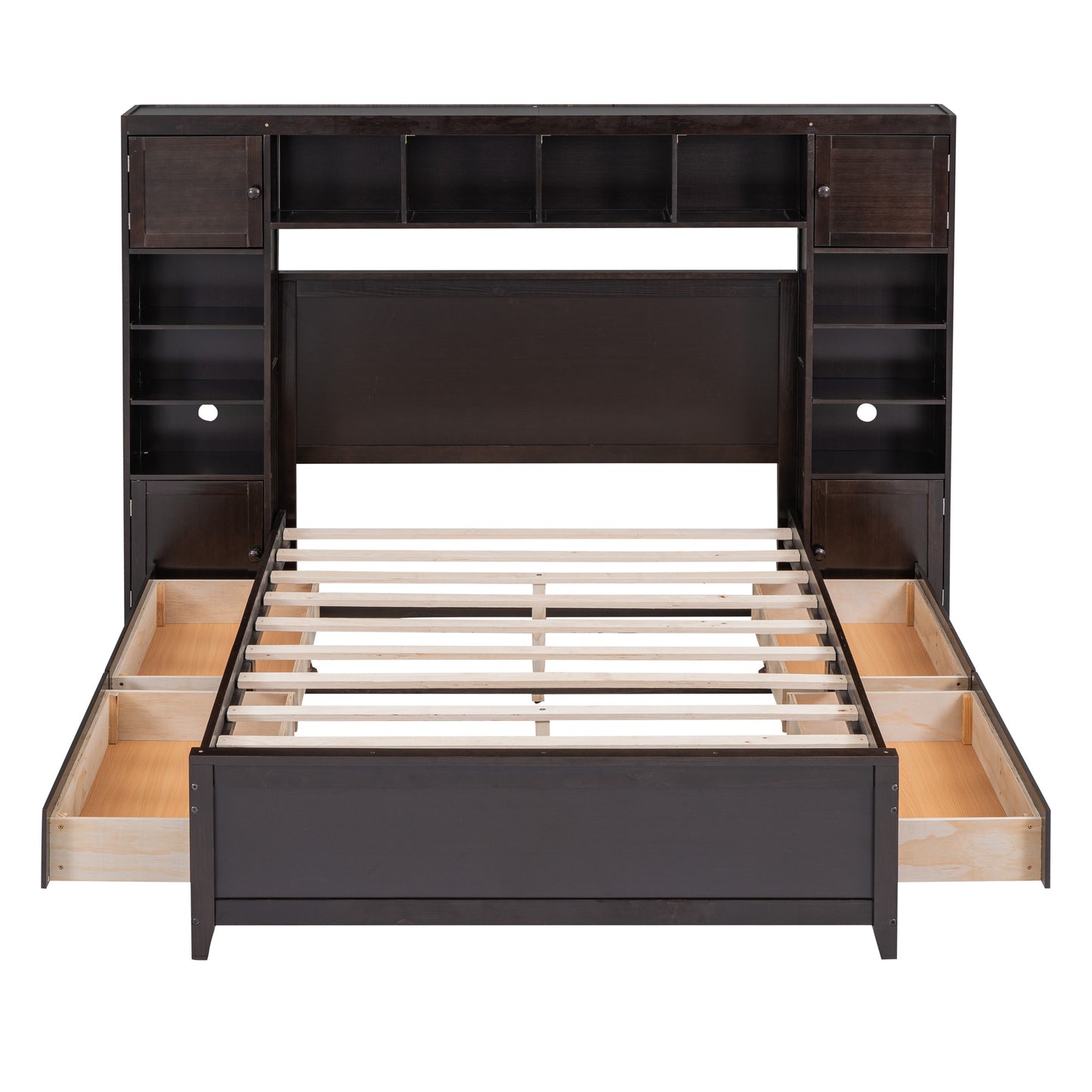 Full Size Wooden Bed With All-in-One Cabinet and Shelf