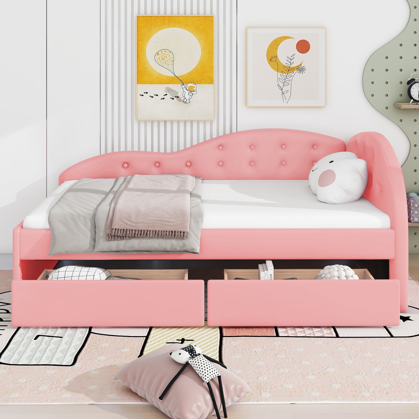 Twin Size PU Upholstered Tufted Daybed with Two Drawers and Cloud Shaped Guardrail, Pink