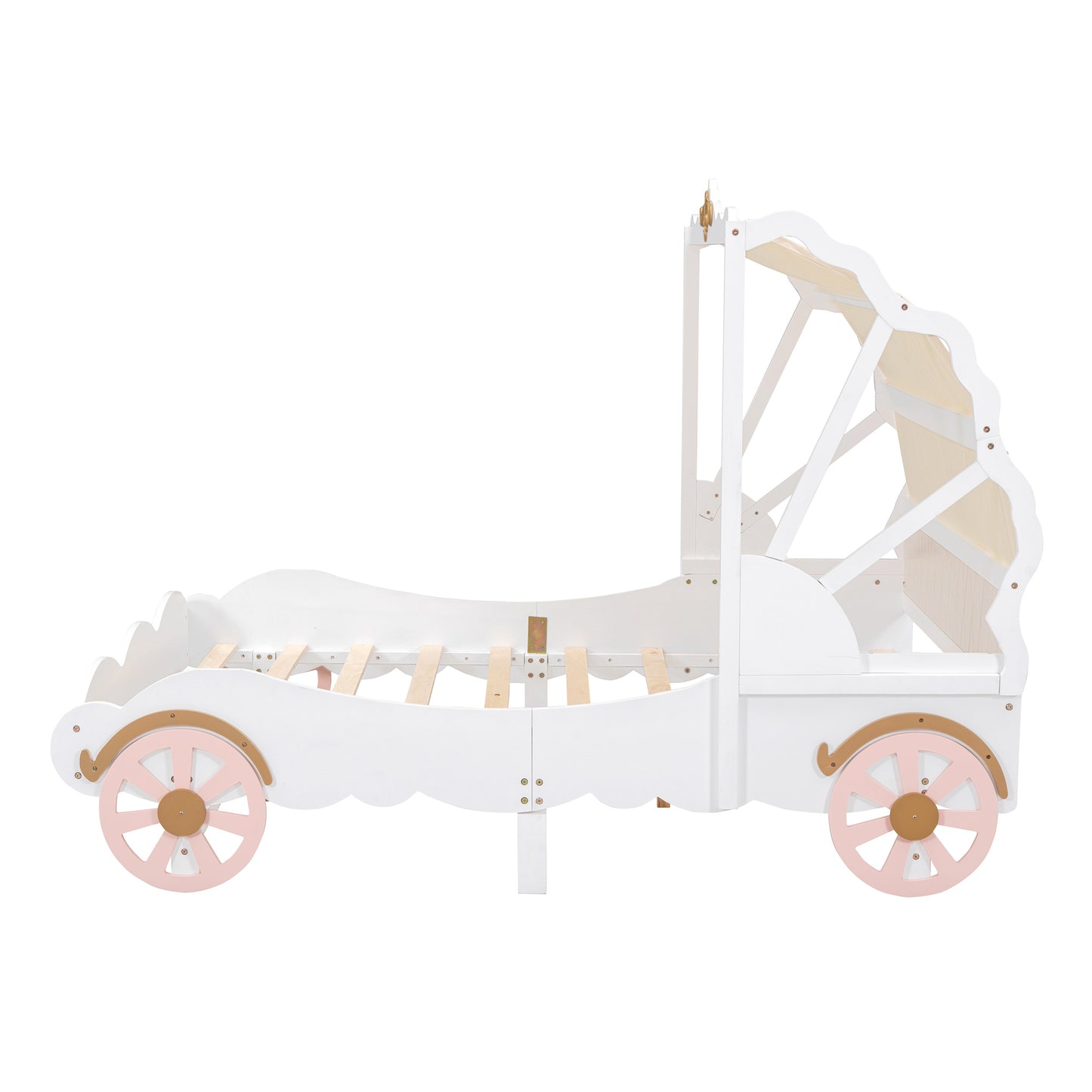 Full Size Princess Carriage Bed with Canopy, Wood Platform Car Bed with 3D Carving Pattern, White+Pink+Gold