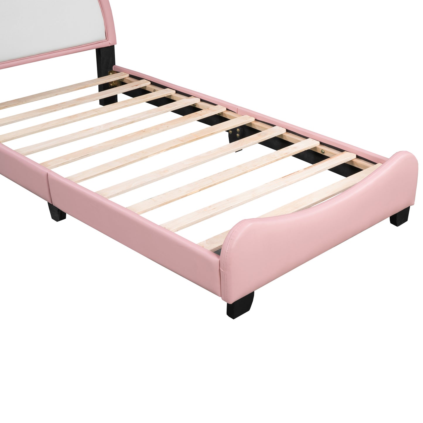 Cute Twin size Upholstered Bed With Unicorn Shape Headboard,Twin Size Platform Bed with Headboard and Footboard,White+Pink