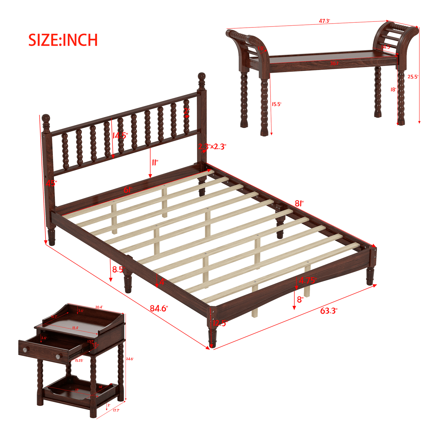 4 Pc. Queen Platform Bedroom Suite with Gourd Shaped Headboard, Storage Nightstand and Bench with Turned Legs in Walnut