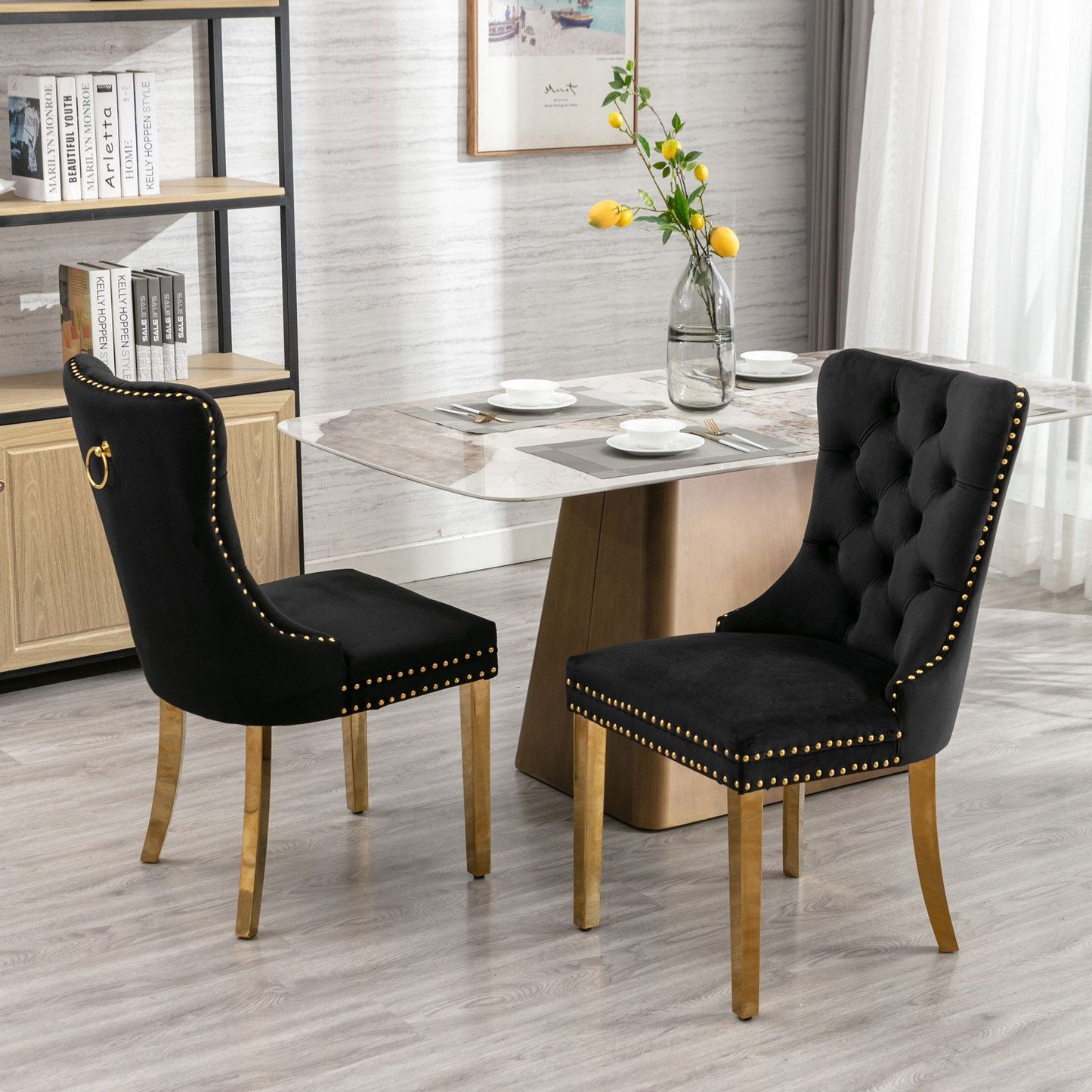 Lorelei Velvet Tufted Dining Chair Set of 2 in Black and Gold