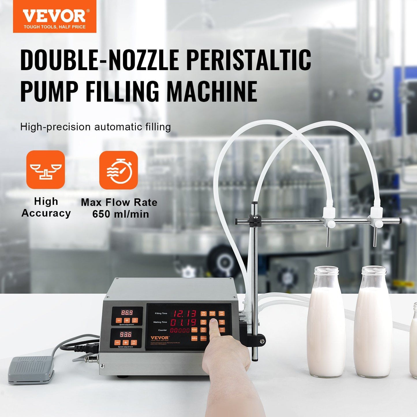 VEVOR Automatic Liquid Bottle Filling Machine, 5-650ml Filling Capacity with Peristaltic Pump and Digital Control  (Double Nozzle)