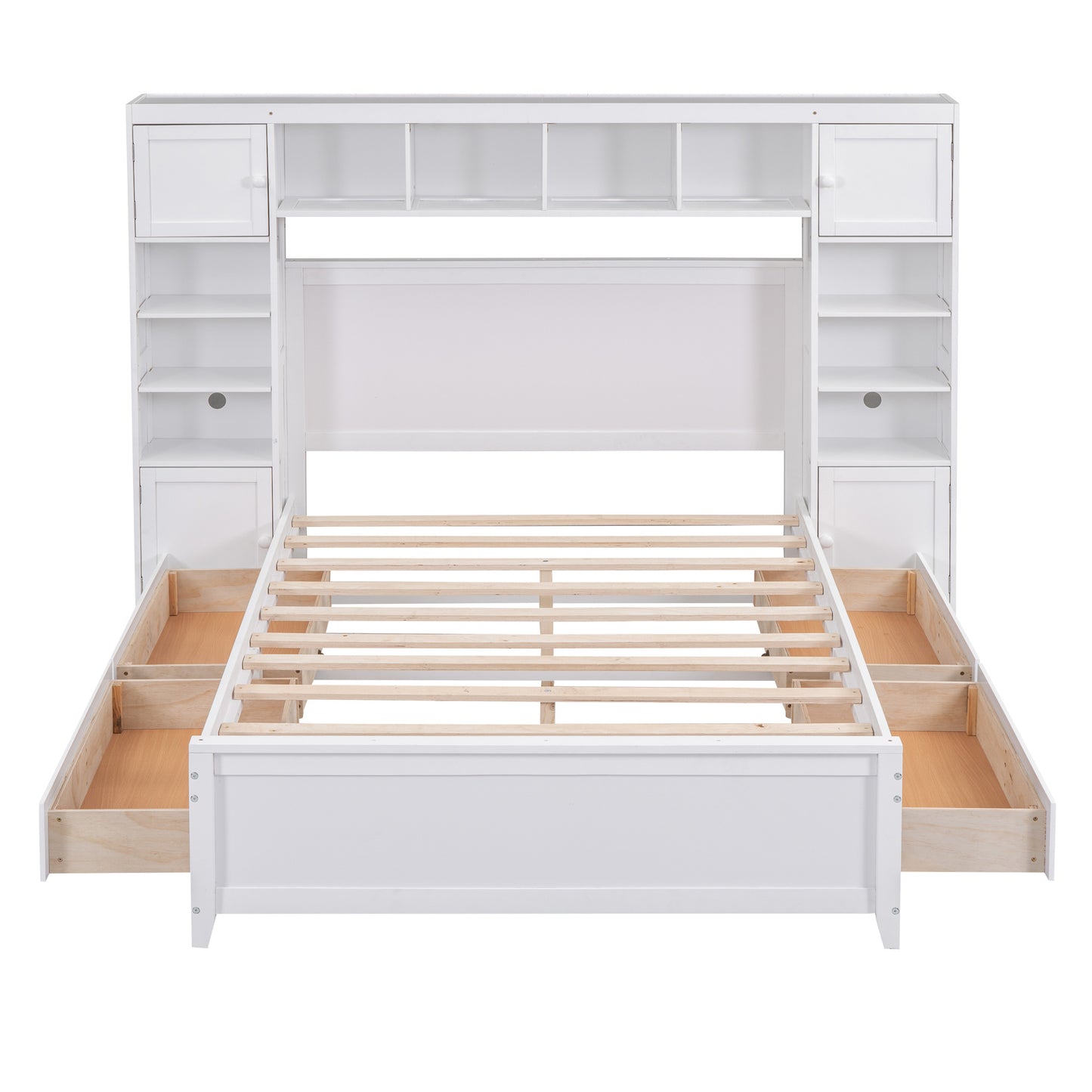 Full Size Wooden Bed With All-in-One Cabinet and Shelf