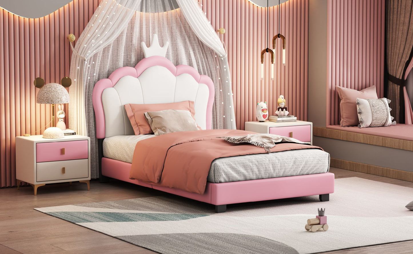 Twin size Upholstered Princess Bed With Crown Headboard,Full Size Platform Bed with Headboard and Footboard,White+Pink